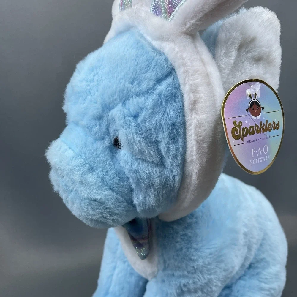 FAO Schwarz Plush Blue Bulldog Puppy Dog Sparklers Bow Easter Bunny Ears 16